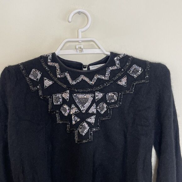 Vtg ANNE KLEIN Women's Black Lambswool Angora Beaded Fuzzy Sweater Secretary - L - Picture 2 of 4